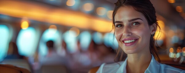 Detailed flight attendant offering a menu to a passenger in business class photo-realistic clarity