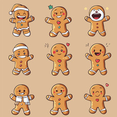 Vector sticker set of funny gingerbread man cookie in christmas