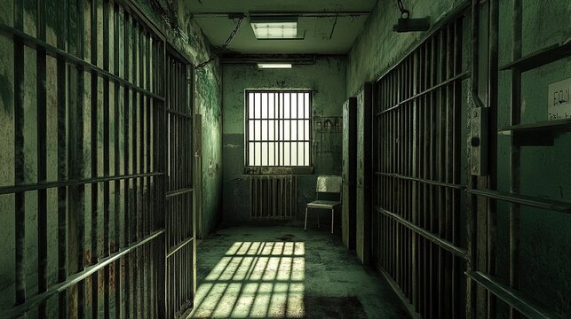 silhouette Image of an adult male behind bars in a jail cell 