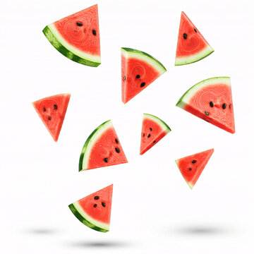 watermelon slices floating on white background