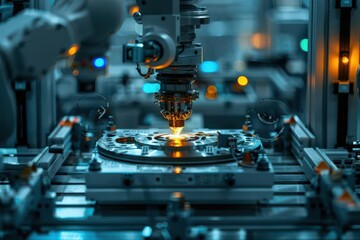 Detailed view of aerospace factory equipment precision robotic arms and conveyor belts moving aircraft parts ultra-clear image