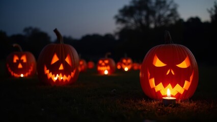 Glowing Jack-o'-Lanterns Illuminated at Sunset with a Gradual Fade into Darkness