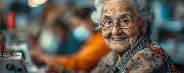 Naklejka premium Detailed view of elderly seniors learning to sew in a sewing class ultra-high detail