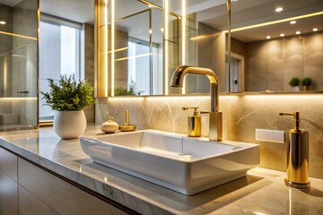 Close-Up of a Shiny Gold Faucet Over a Rectangular Sink for Elegant Bathroom Decor