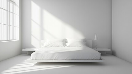 Clean and sleek double bed in a modern bedroom, white tones, minimalist design
