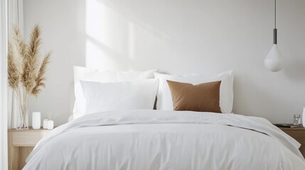 Clean and stylish double bed in a modern bedroom, minimal decor, white background