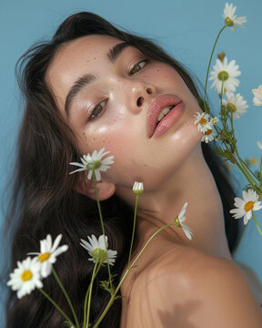 Beautiful woman with long dark hair is holding daisies flowers in a beauty concept