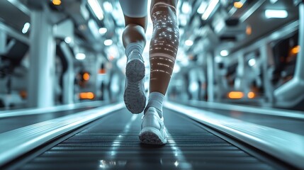 male athlete running on a treadmill in a high-tech medical lab. fitness testing, athletic performance, health monitoring, exercise physiology