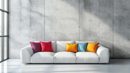 Concrete wall in a minimalist loft living room, with a vibrant white sofa and colorful pillows