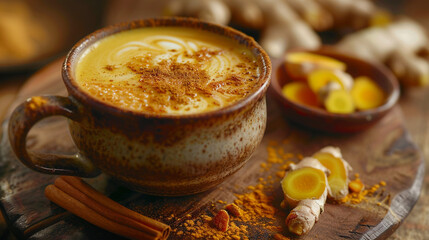 A warm golden turmeric latte in a ceramic cup, dusted with cinnamon, and served with a small dish of turmeric root and fresh ginger beside it.