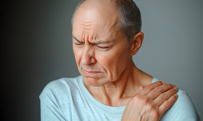 Obraz premium A European man clutching his shoulder as if experiencing discomfort or shoulder pain