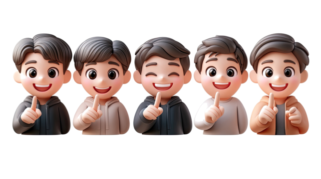 Kawaii Cartoon Icons of Smiling Men Pointing on a White Background Generative AI - Powered by Adobe