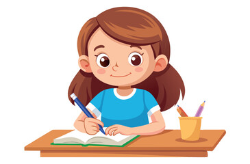 Cute brunette student girl sitting at desk writing in notebook