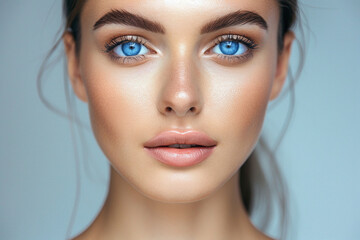 Beautiful young girl with blue eyes and freckles. Concept template for advertising skin care cosmetics and creams