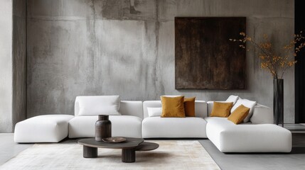 Concrete wall living room design with a white sofa and mustard pillows, minimalist aesthetic