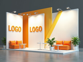 Sleek trade show booth with orange accents