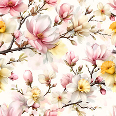 Blossoming spring garden showcasing magnolia and daffodil flowers in vibrant colors