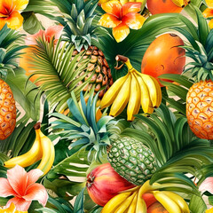 Fototapeta premium Vibrant tropical fruit pattern with pineapples, bananas, and flowers in a lush setting