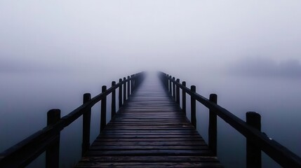 Obraz premium A fog-covered bridge with no visible end in sight, [uncertainty], [crossing into the unknown], ,