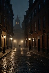 Obraz premium Mysterious Figure in the Mist: Ominous Shadow on Desolate Cobblestone Street