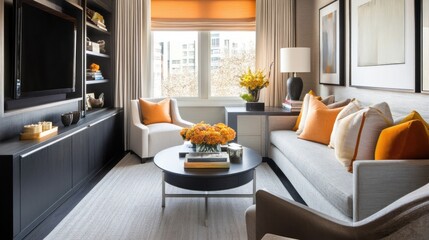 Contemporary home decor in a small living room, utilizing smart storage and modern design