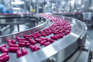 Obraz premium Medicine pills on production line in modern pharmaceutical factory