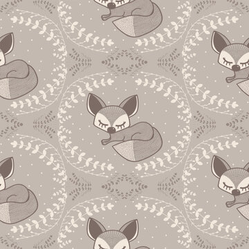 Seamless pattern of an adorable sleeping fox, hand-drawn with neutral earthy tones. Retro, rustic woodland style with ditsy foliage. Ideal for nature, nursery, and children-inspired designs.