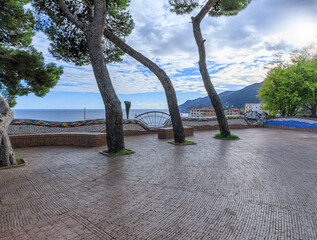 View of the town of Vietri sul Mare in Italy: glimpse of municipal villa decorated with typical polychrome majolica.