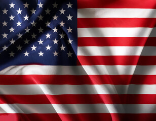 Fototapeta premium USA Flag waving in the wind. Close up of USA banner blowing, soft and smooth silk. Cloth fabric texture ensign background