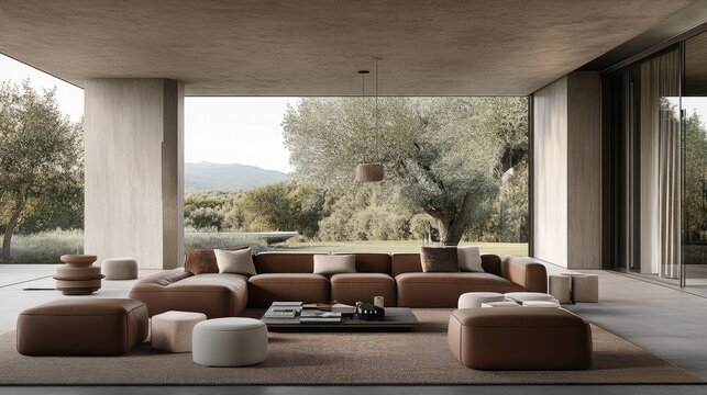 This boho-inspired living room boasts an oversized brown leather sofa and terracotta hues, complemented by large windows and warm lighting for a cozy atmosphere