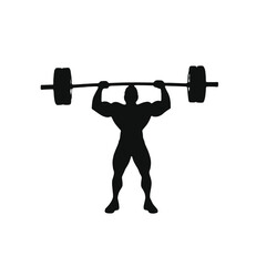 A muscular male weightlifter lifting a barbell overhead, silhouetted against a plain white background 