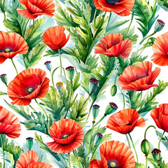 Vibrant red poppies and lush greenery create a stunning floral tapestry in springtime