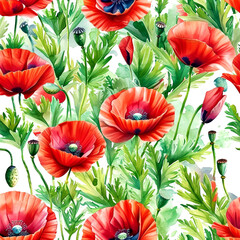 Vibrant red poppies bloom wildly in a lush green meadow during bright spring days
