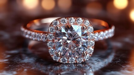 Fototapeta premium closeup of a stunning diamond engagement ring with a cushion cut set against a soft backdrop highlighting its brilliance and elegance as a symbol of love and commitment