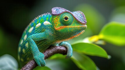Obraz premium closeup of a vibrant green chameleon perched on a branch showcasing its intricate scales and mesmerizing eyes against a softfocus background of lush foliage