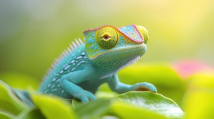 closeup of a vibrant green chameleon perched on a branch showcasing its intricate scales and mesmerizing eyes against a softfocus background of lush foliage