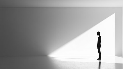 Obraz premium A solitary figure in a stark, empty room embodies profound sadness and reflection in minimalist artistry