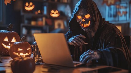 Dangerous hacker committing digital wallet fraud, dressed as a Halloween Grim Reaper