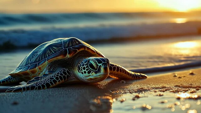 A sea turtle rests on the sandy beach at sunset