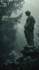 Ancient statue in a misty forest, 4K hyperrealistic photo