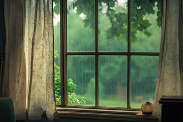 Fototapeta premium A cozy old living room window frames a rainy day with curtains dancing in the gentle breeze