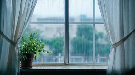 A cozy living room window reveals a rainy day, as soft curtains dance in the gentle breeze