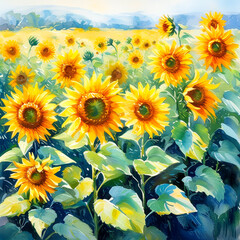 Obraz premium Vibrant sunflowers stretching towards the sky in a sunny rural landscape