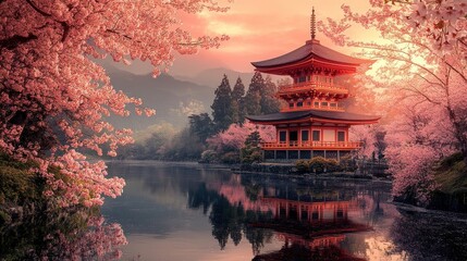 Fototapeta premium A serene scene of a traditional Japanese pagoda surrounded by cherry blossoms at dawn. The pagoda is reflected in the still waters of a lake, creating a picturesque landscape.