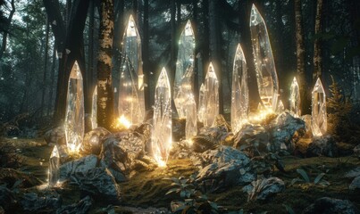 Magical grove of glowing crystals, weaving a tapestry of light and mystery in the heart of the forest, 4K hyperrealistic photo