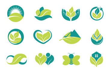 Eco Symbols Collection, Leaf-Based Logos with different elements Wave, Electric, Infinity, etc