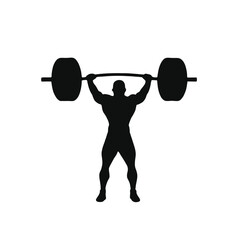 A muscular male weightlifter lifting a barbell overhead, silhouetted against a plain white background 