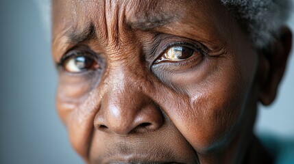 Close-up portrait of a sad elderly black woman, capturing gentle sadness and minimalist beauty against a soft gray background