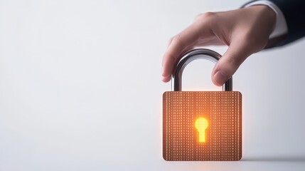 Hand Holding a Lock with Binary Code Pattern.