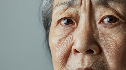 Close-up portrait of a worried elderly Asian woman revealing deep emotions against a simple gray background